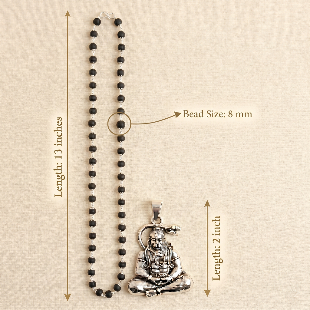 Karungali Silver Capped Mala with Hanuman ji Dhyan Pendant