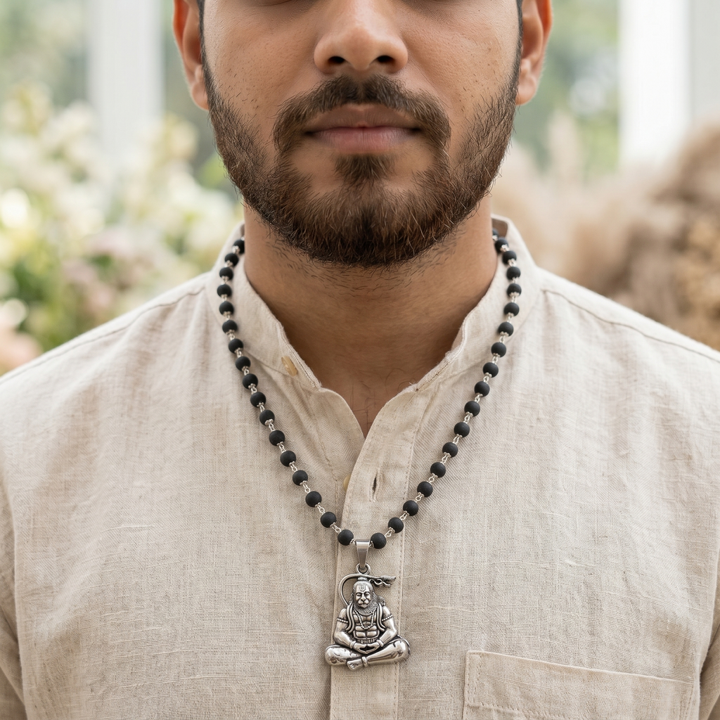 Karungali Silver Capped Mala with Hanuman ji Dhyan Pendant