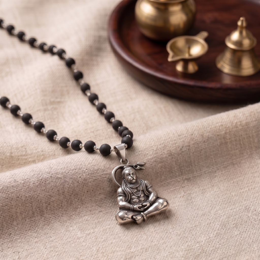 Karungali Silver Capped Mala with Hanuman ji Dhyan Pendant