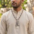 Silver Capped Karungali & Rudraksha Mala with Hanuman ji Dhyan Pendant