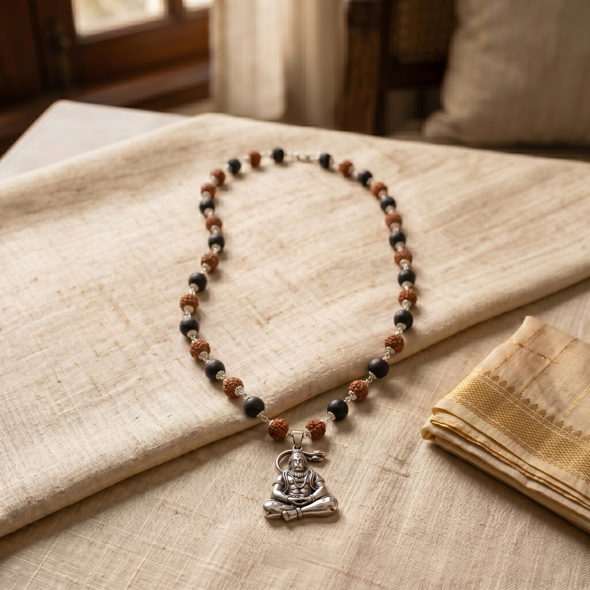 Silver Capped Karungali & Rudraksha Mala with Hanuman ji Dhyan Pendant