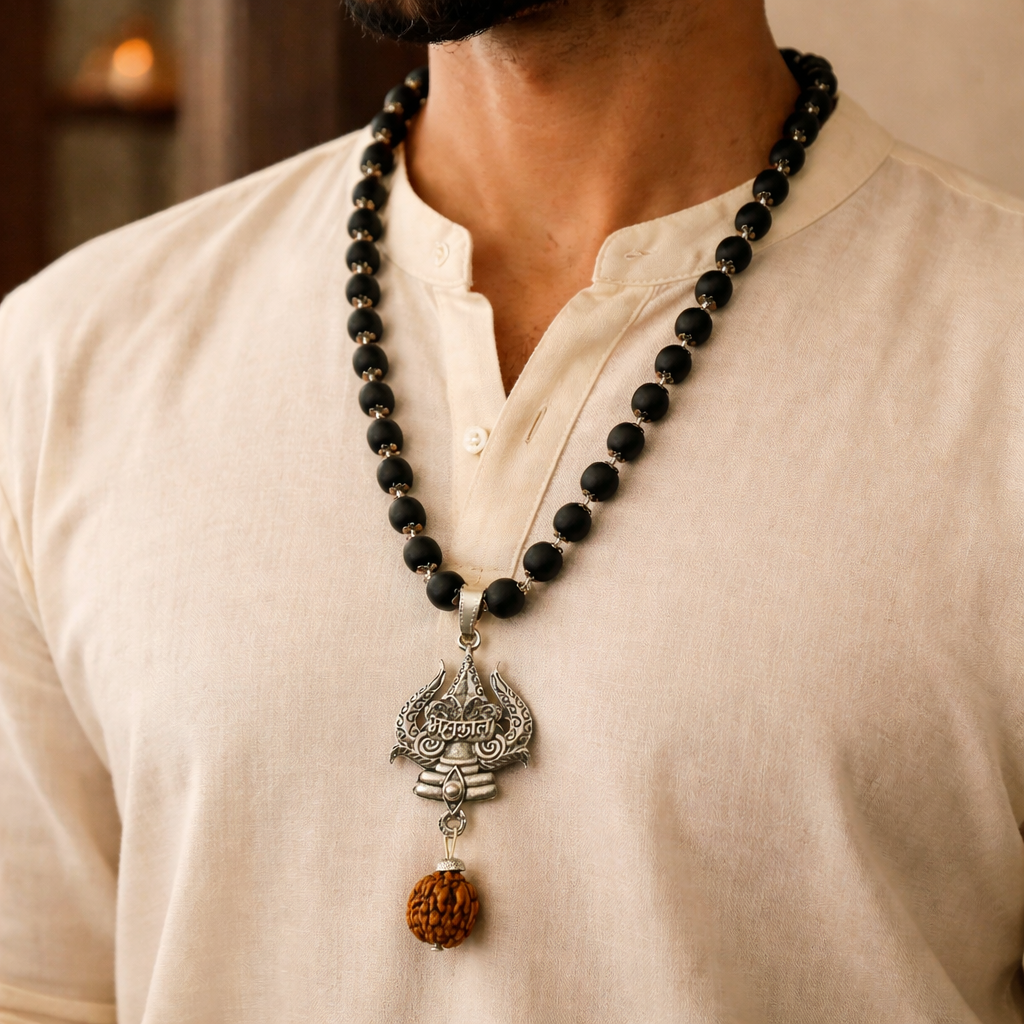 Silver Capped Karungali Mala with Trishul Mahakal Rudraksh Pendent