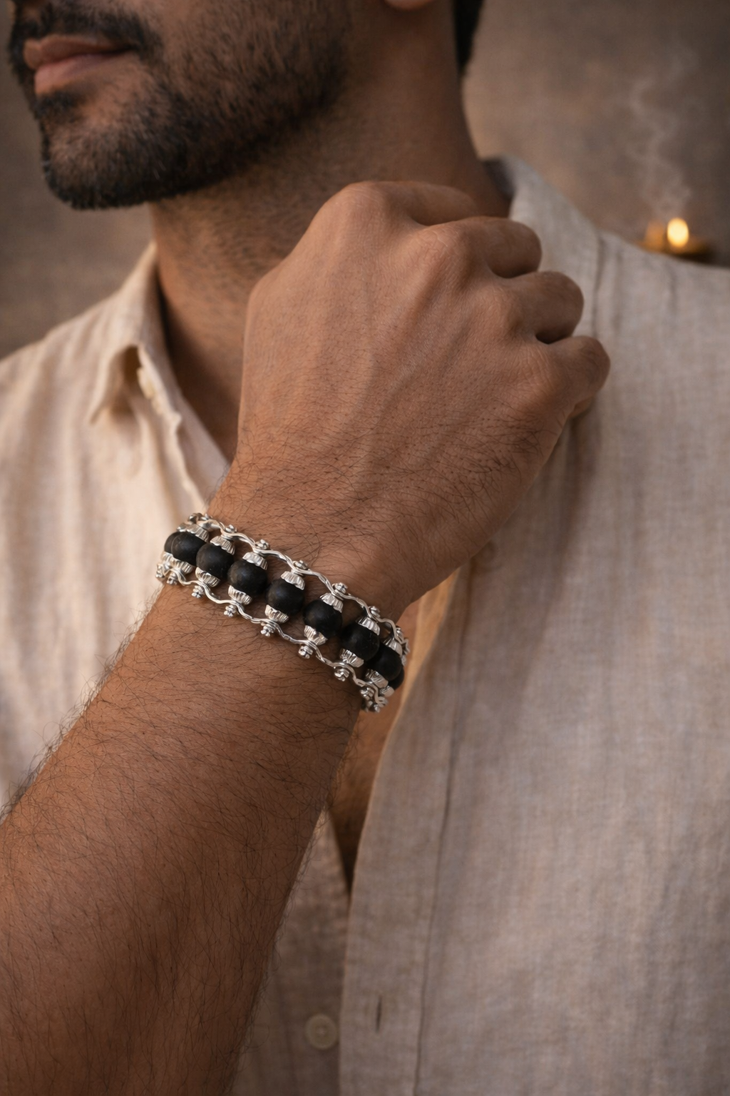 Silver Plated Karungali Modern Chain Bracelet