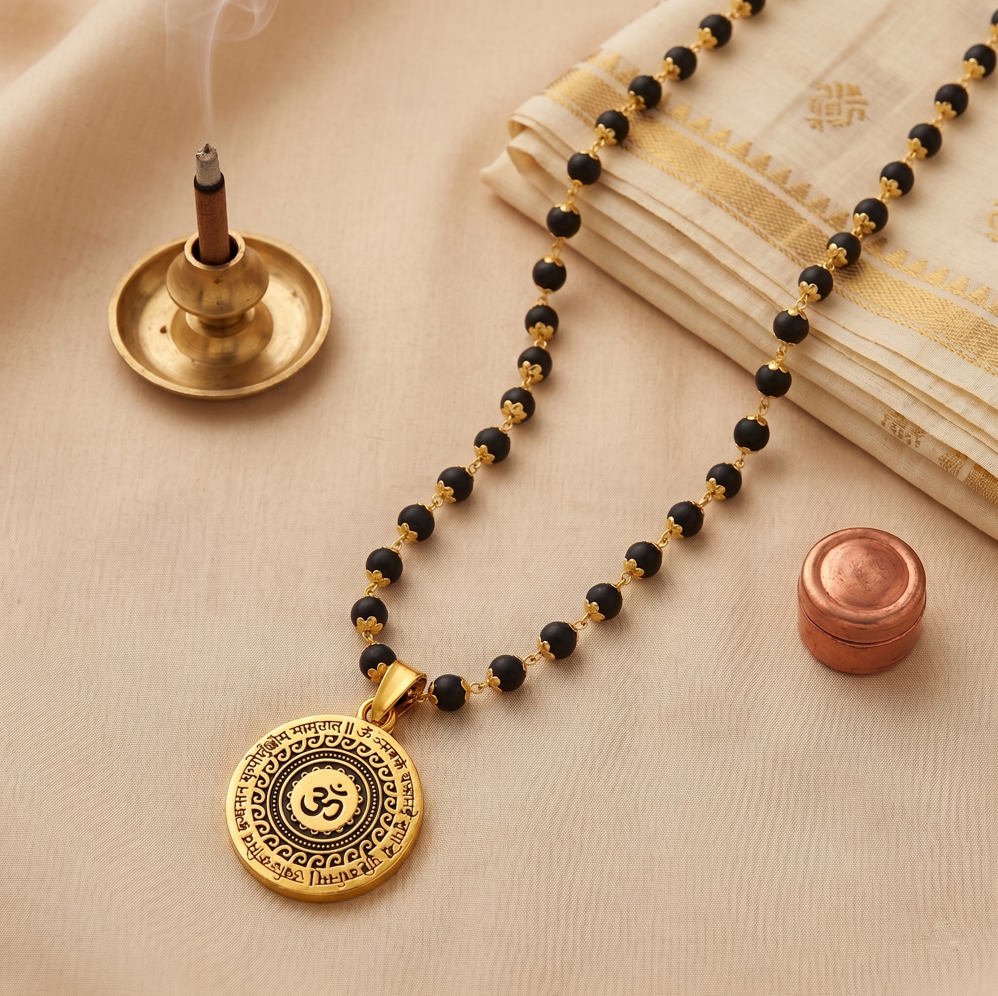 Karungali Golden Capping with Om Mahamrityunjaya Pendant