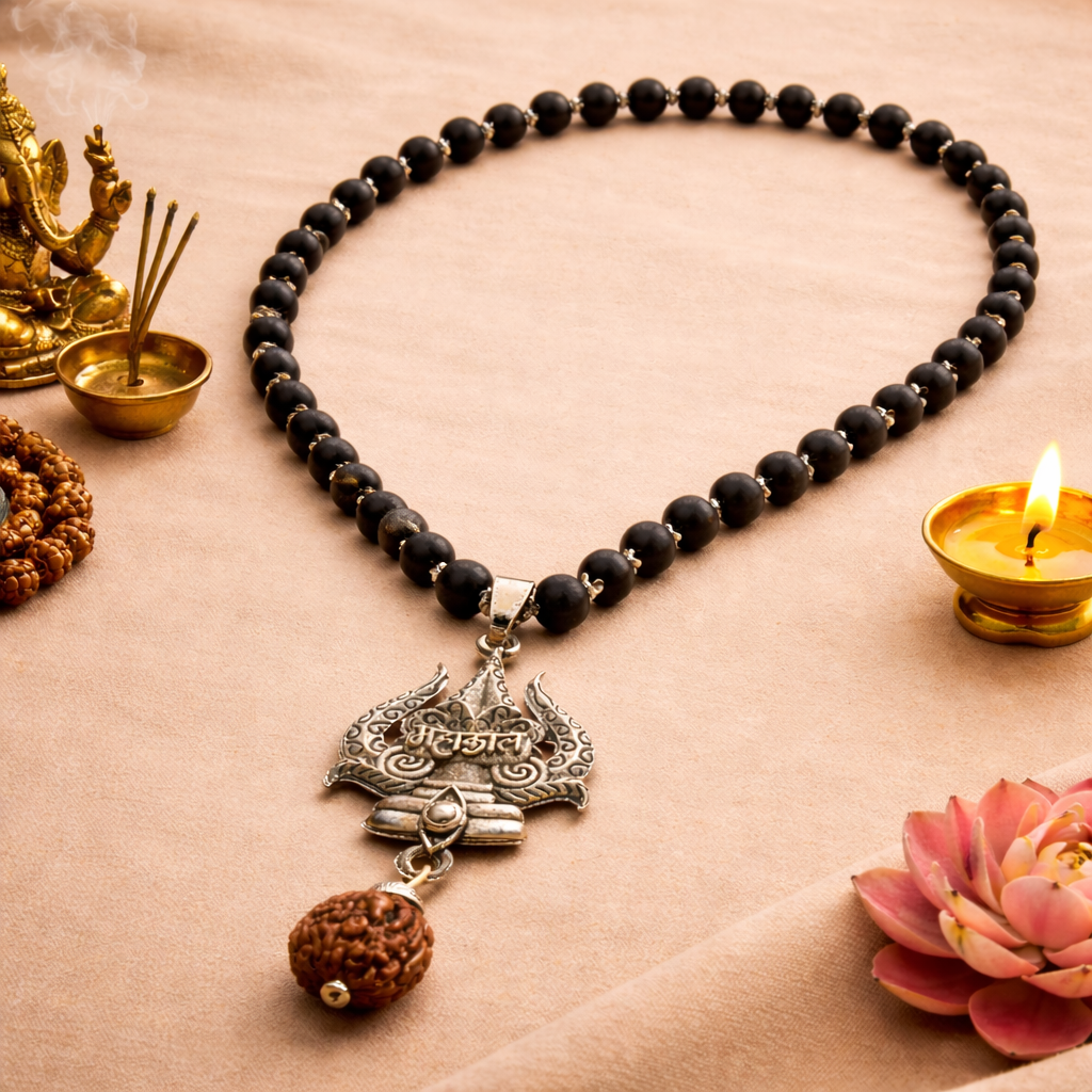 Silver Capped Karungali Mala with Trishul Mahakal Rudraksh Pendent