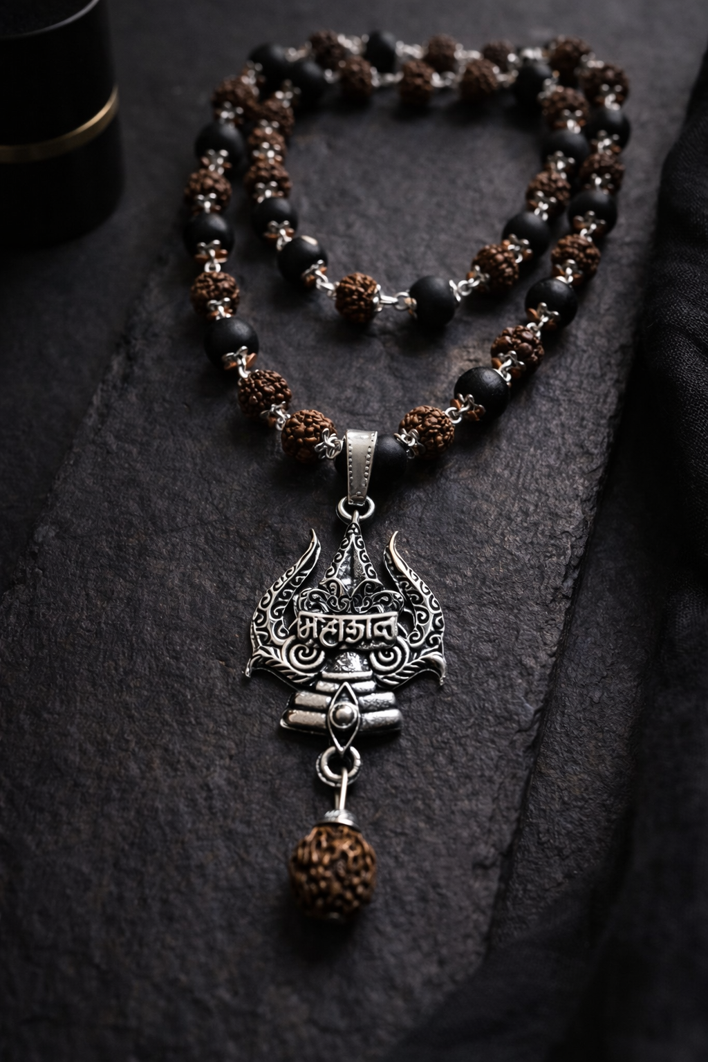 Silvercap Karungali and Rudraksha malai with Trishul Pendent