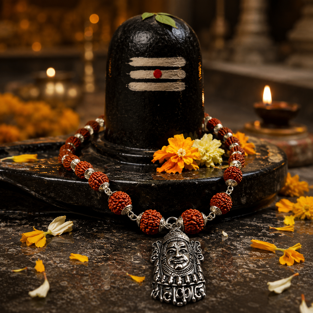 Rudraksha Silver-Capped Mala with Mahakal Shringar Pendant