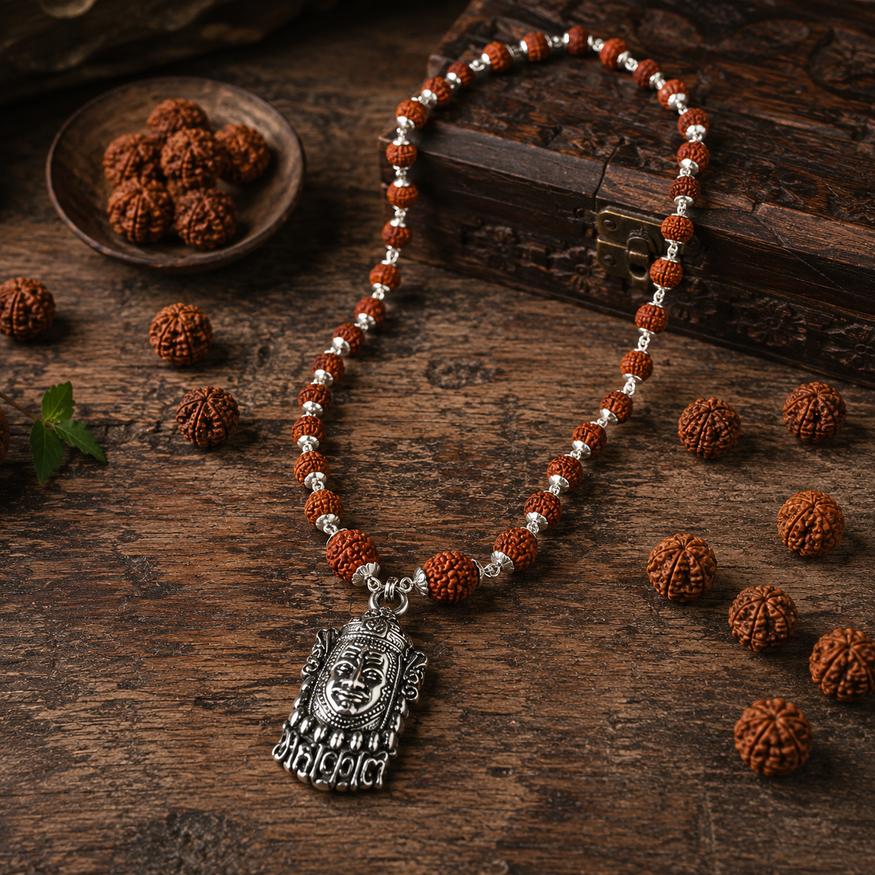 Rudraksha Silver-Capped Mala with Mahakal Shringar Pendant
