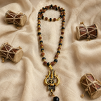 Rudraksha and Karungali Gold-Capped Mala Golden Trishul Karungali Pendant