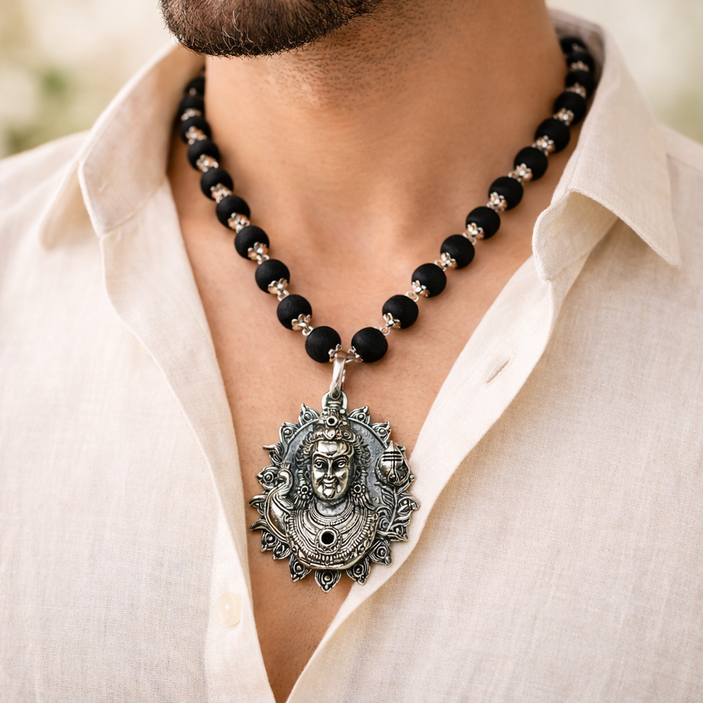 Murgan Shield - Karungali Malai With Murgan Face Pendent with Peacock