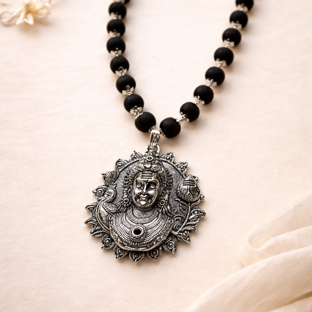 Murgan Shield - Karungali Malai With Murgan Face Pendent with Peacock