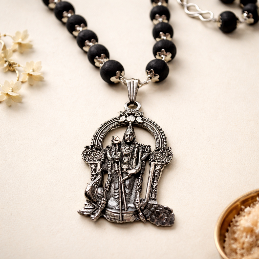 Murgan Darbar Mala - Karungali Silver Capped Malai with Murgan Darbar Pendent