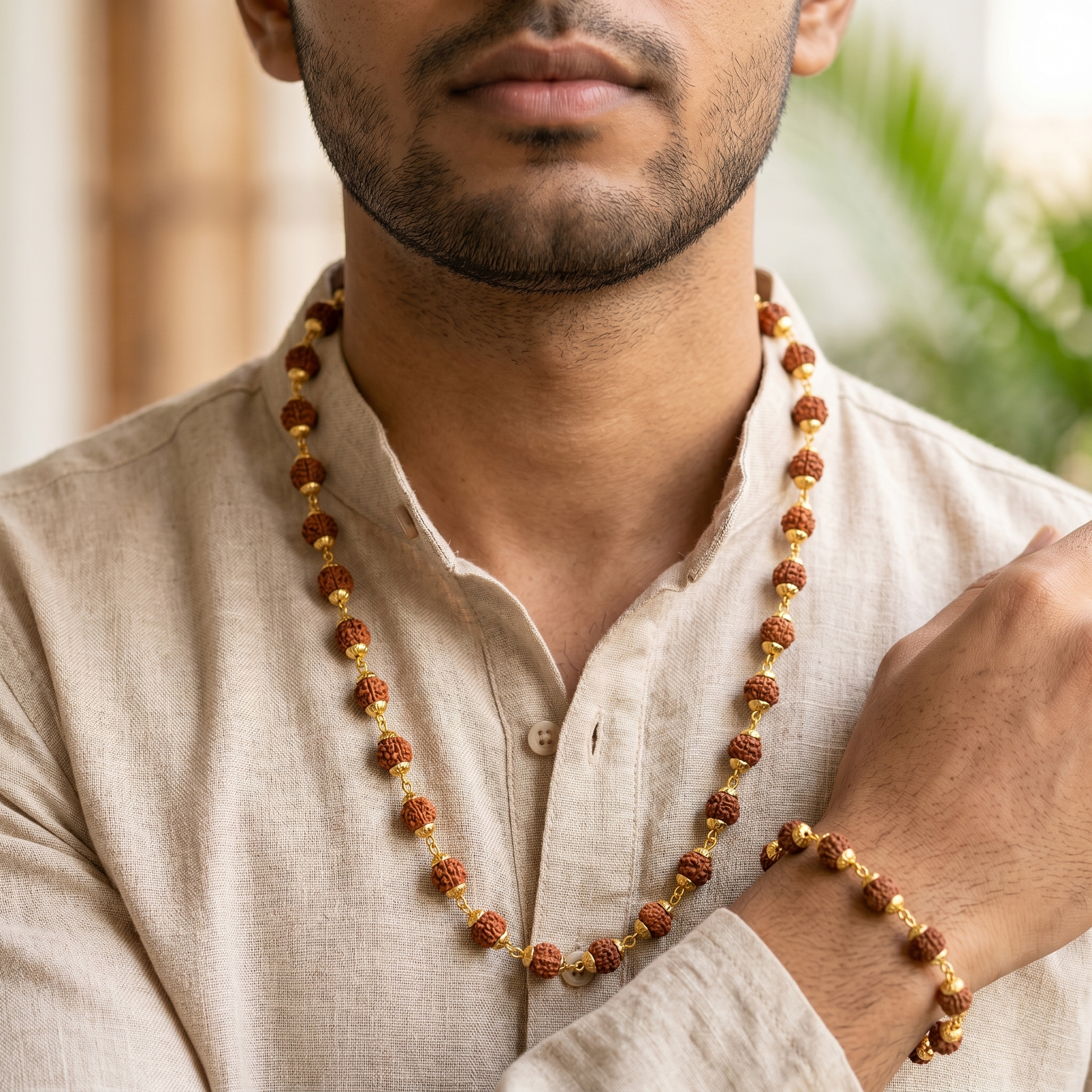 Golden Capped Rudraksha Mala & Golden Rudraksha Bracelet Combo