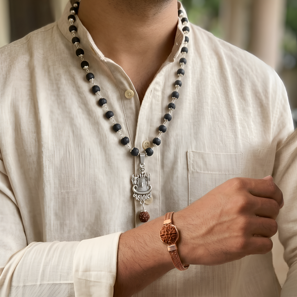 Karungali (Silver Capped) Mala & Linga Mahakal Pendent With Kada Combo