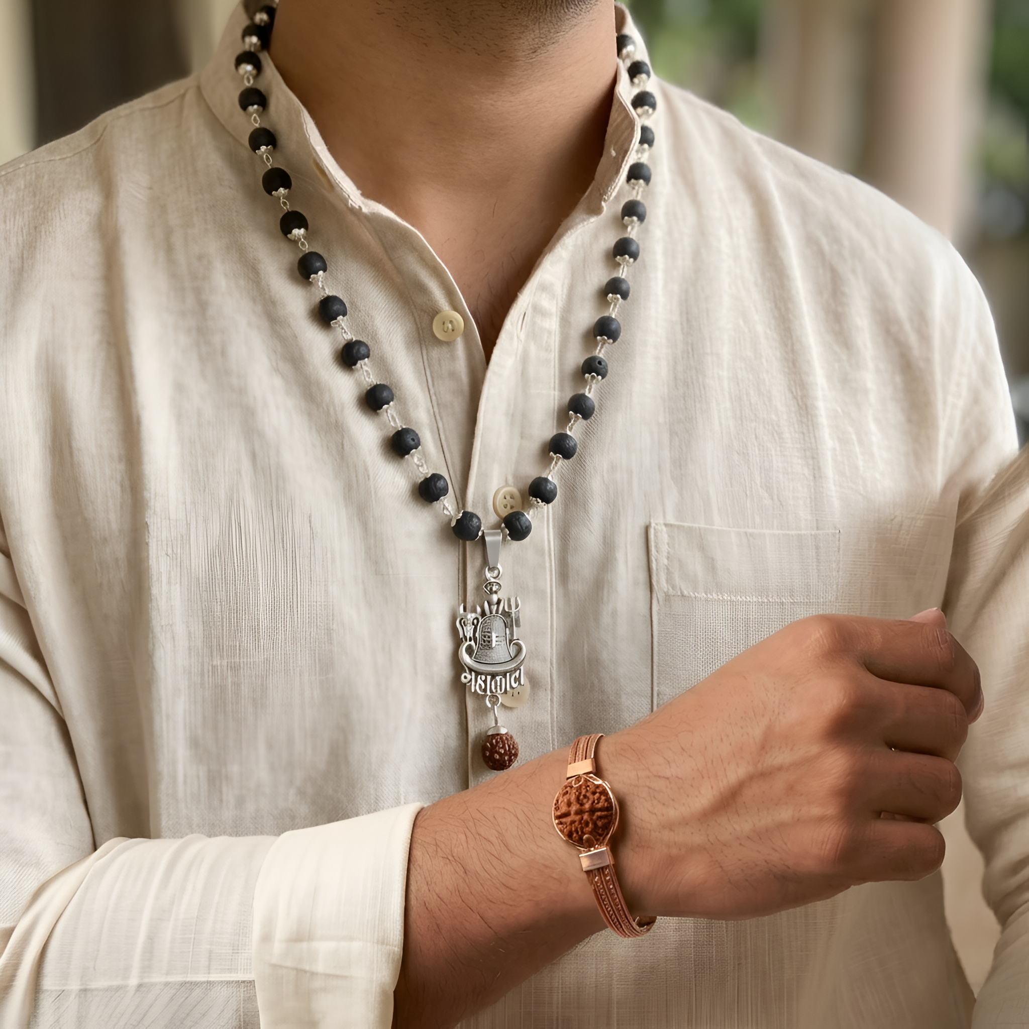 Karungali (Silver Capped) Mala & Linga Mahakal Pendent With Kada Combo