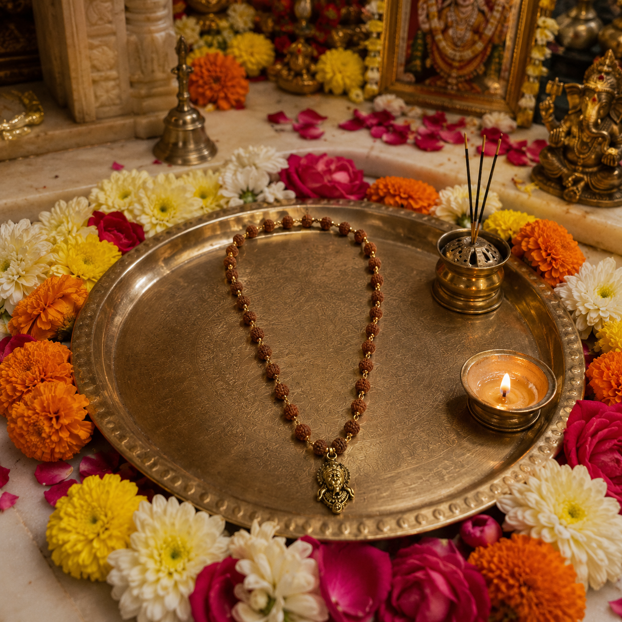 Rudraksha Gold-Capped Mala with Hanuman Ji Face Pendant