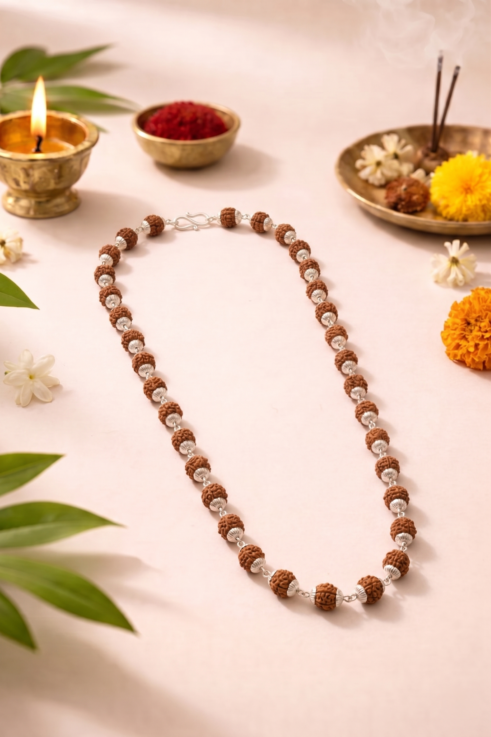 Silver Capped Rudraksha Mala ( Lab Certified)