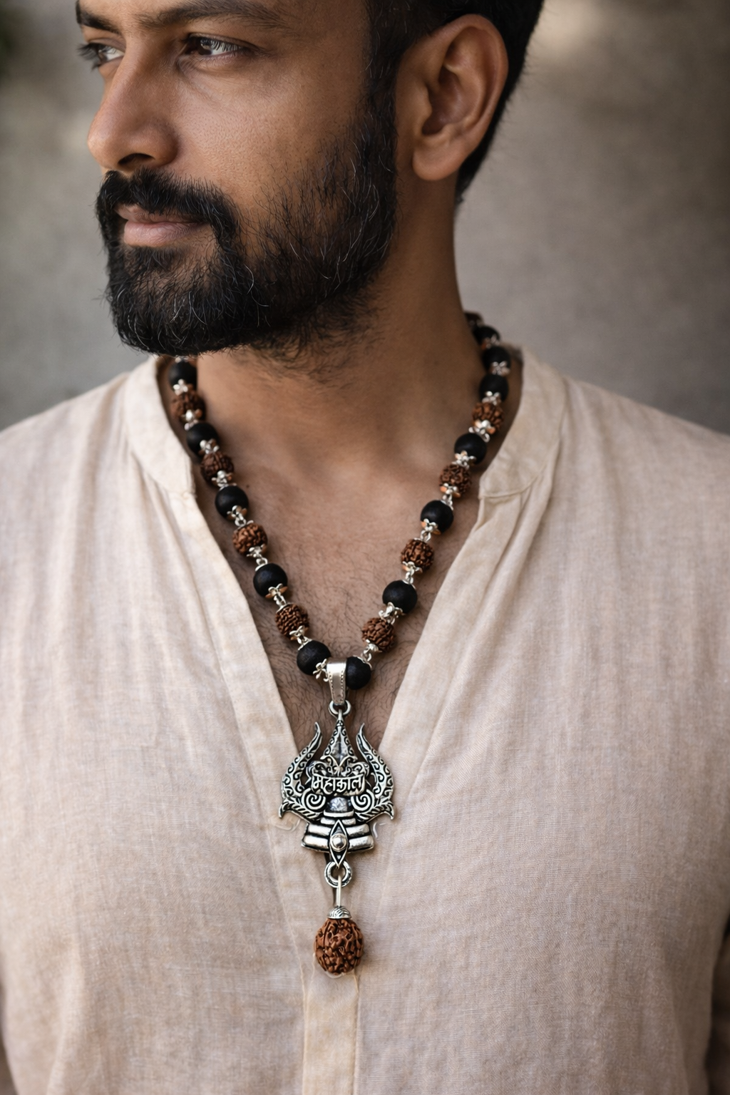 Silvercap Karungali and Rudraksha malai with Trishul Pendent