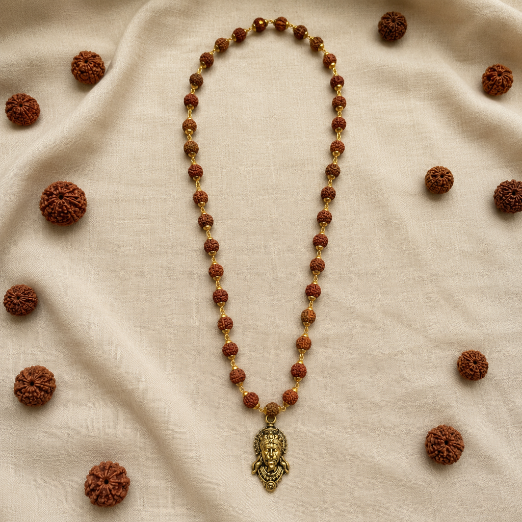 Rudraksha Gold-Capped Mala with Hanuman Ji Face Pendant