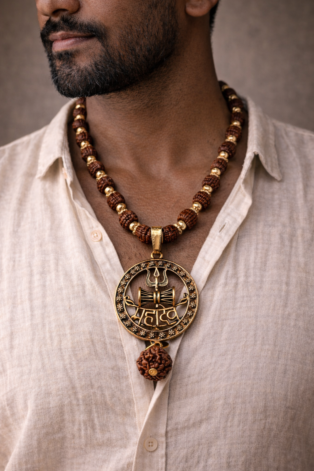 Golden Capped Rudraksha Mala with Mahadev Trishul Damru Round Pendent