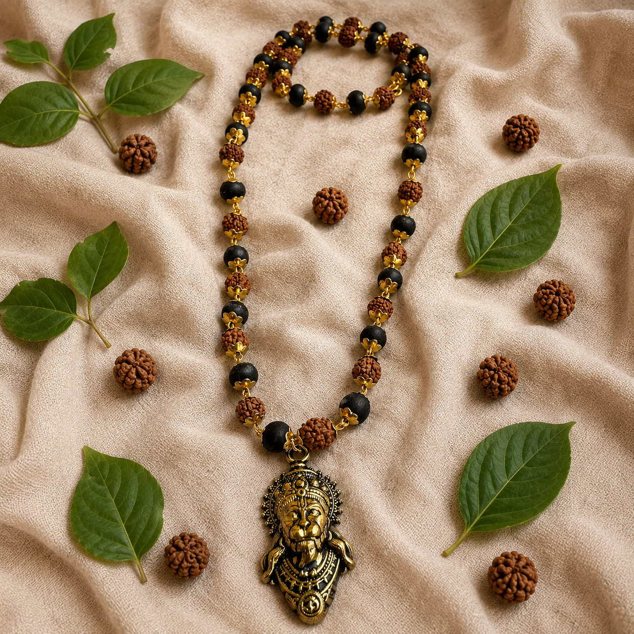 Rudraksha and Karungali Gold-Capped Mala Golden Hanuman Ji Face Pendant
