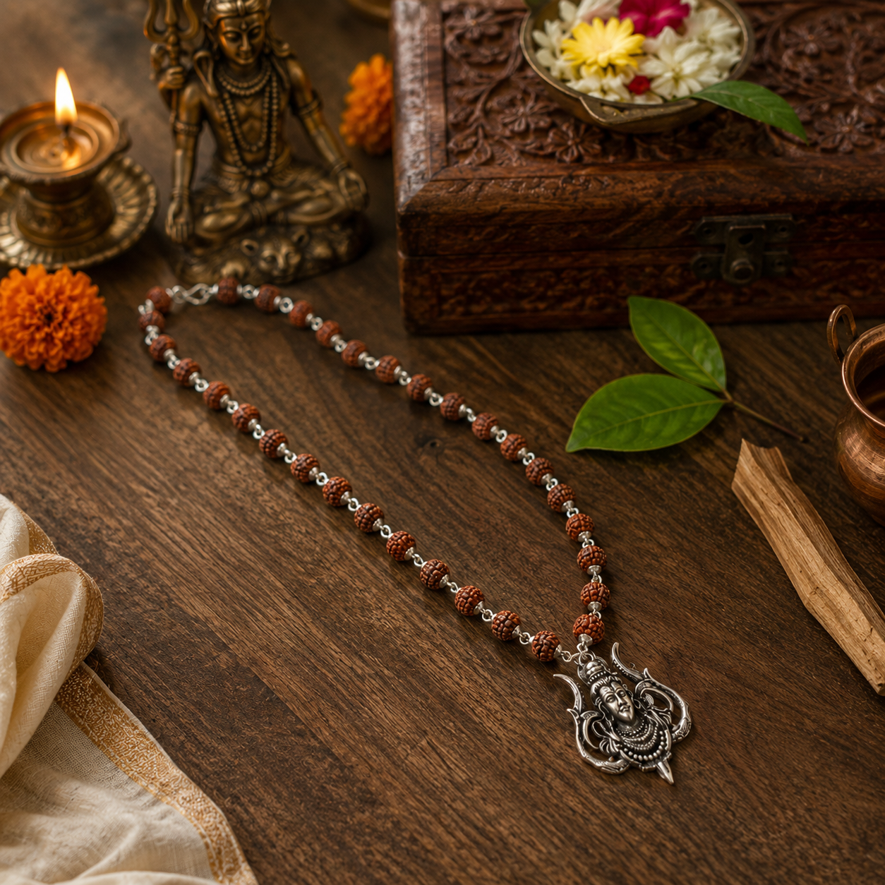 Rudrakasha Silver-Capped Mala with Shiv Ji Trishul Pendant