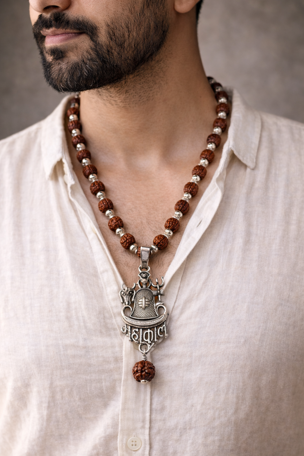 Silvercap Original Rudraksha Mala with Linga & Mahakal Pendent