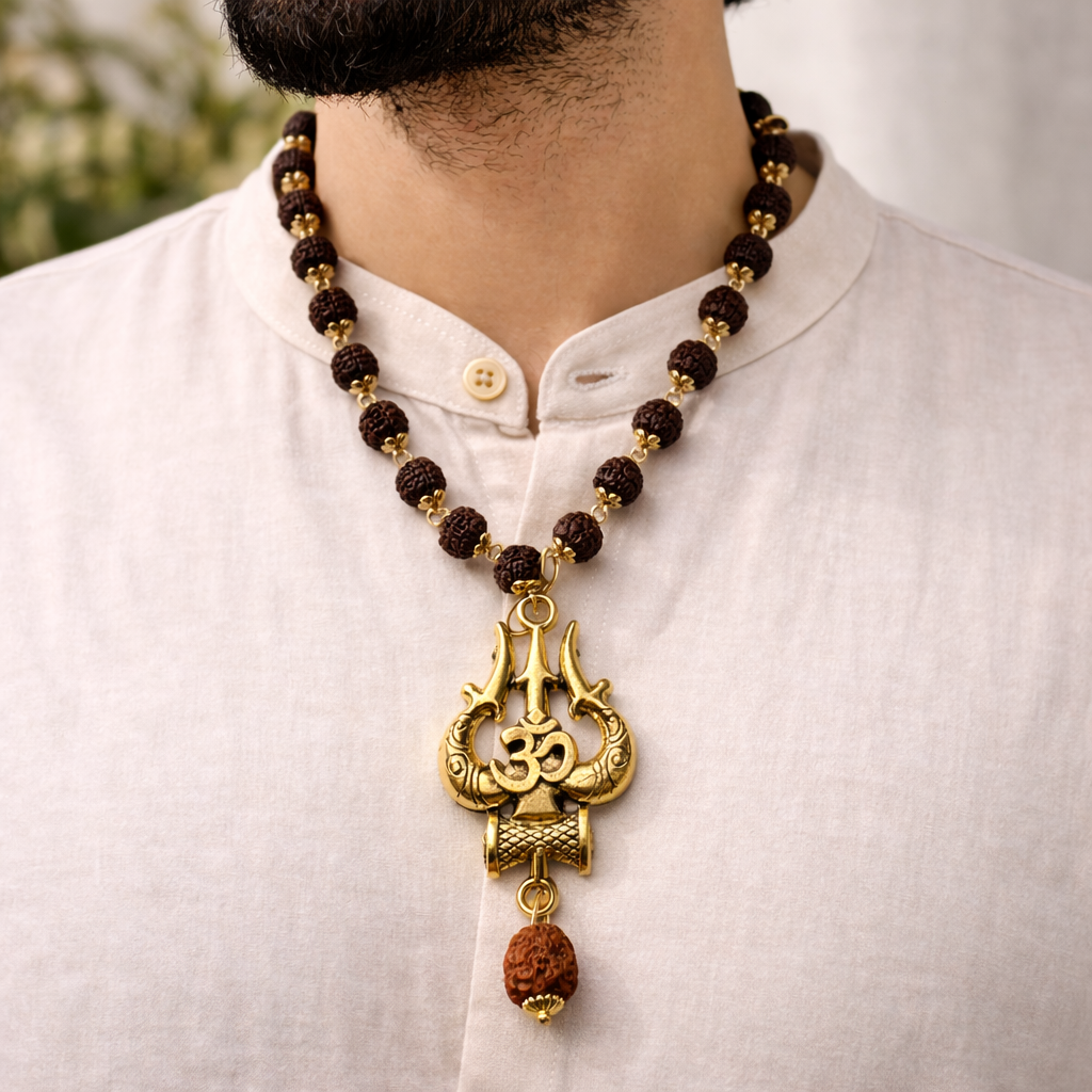 Premium Golden Capped Rudraksha (6mm Beads) Om Trishul Mala