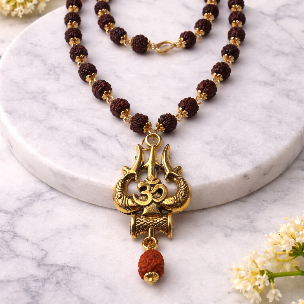 Premium Golden Capped Rudraksha Om Trishul Mala