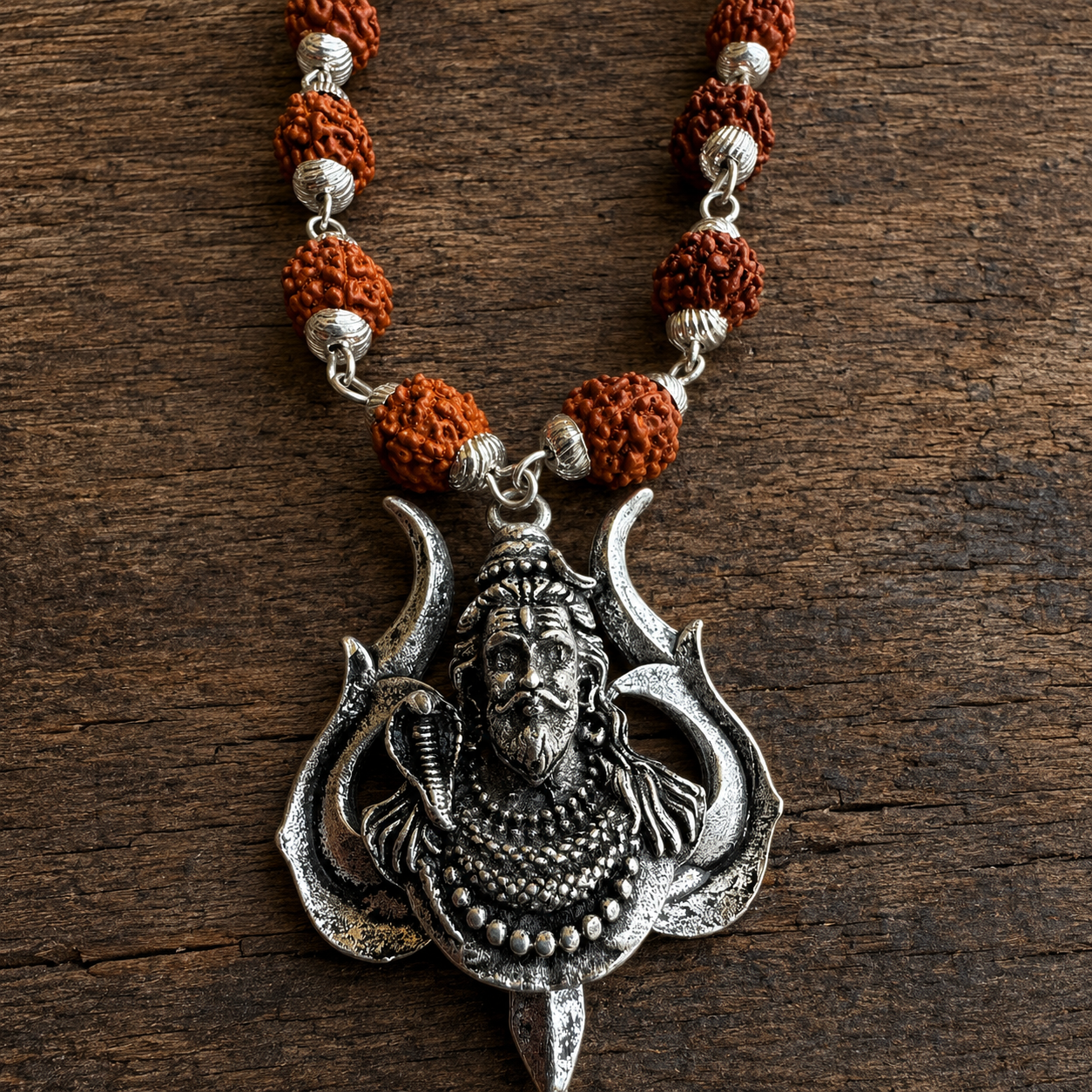 Rudrakasha Silver-Capped Mala with Shiv Ji Trishul Pendant