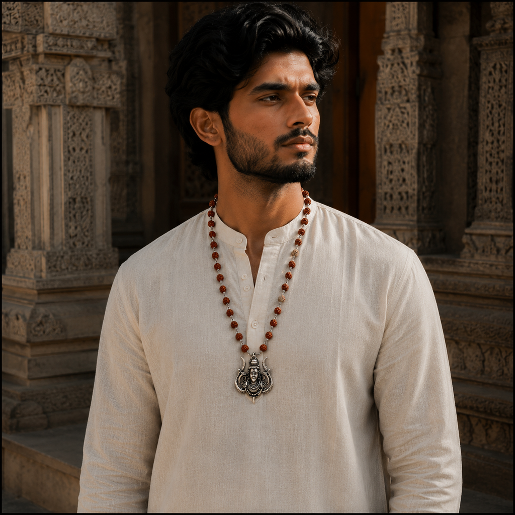 Rudrakasha Silver-Capped Mala with Shiv Ji Trishul Pendant