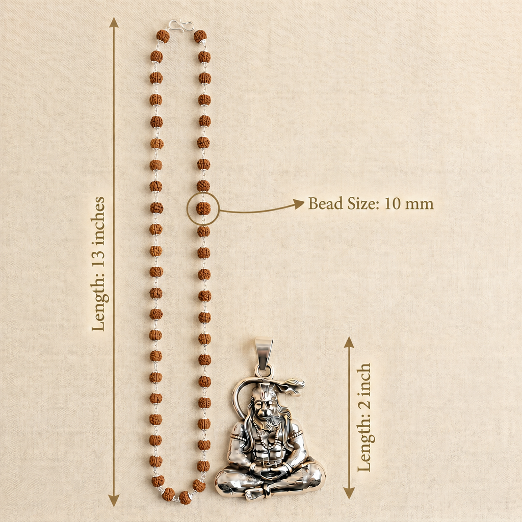 Silver Capped Rudraksha Mala with Hanuman ji Dhyan Pendant