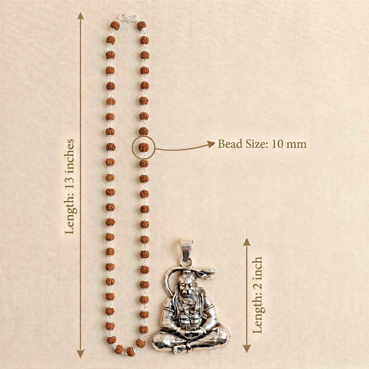 Silver Capped Rudraksha Mala with Hanuman ji Dhyan Pendant