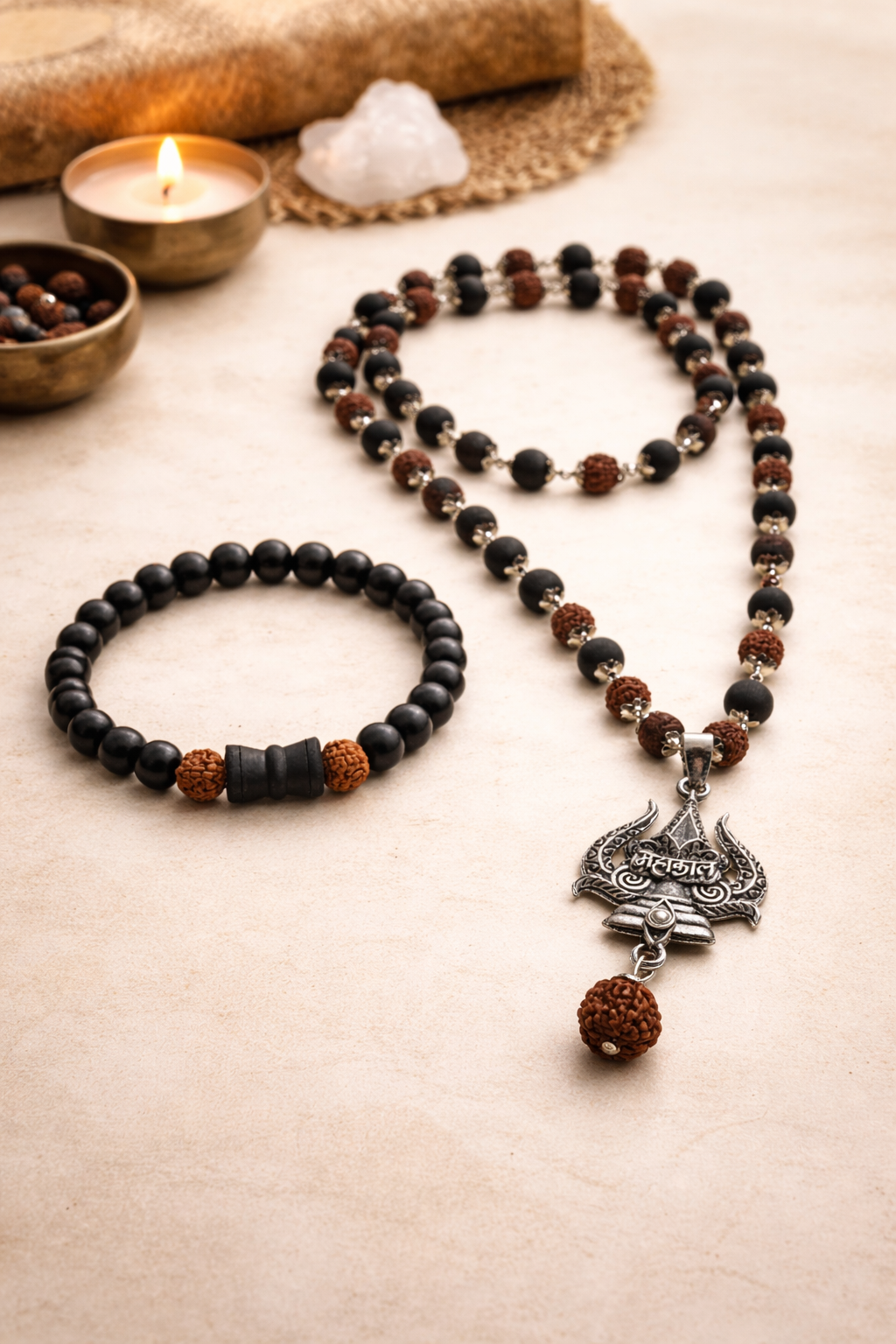 Silver Capped Rudraksh & Karungali Mahakal Pendent Mala Combo Karungali Bracelet