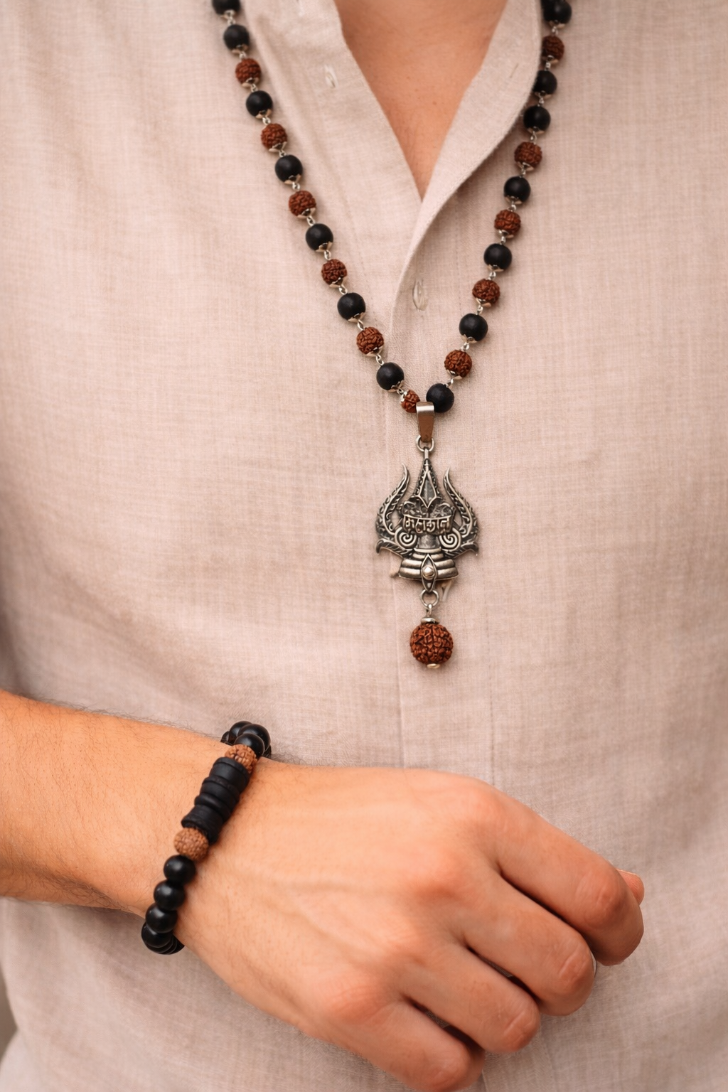 Silver Capped Rudraksh & Karungali Mahakal Pendent Mala Combo Karungali Bracelet