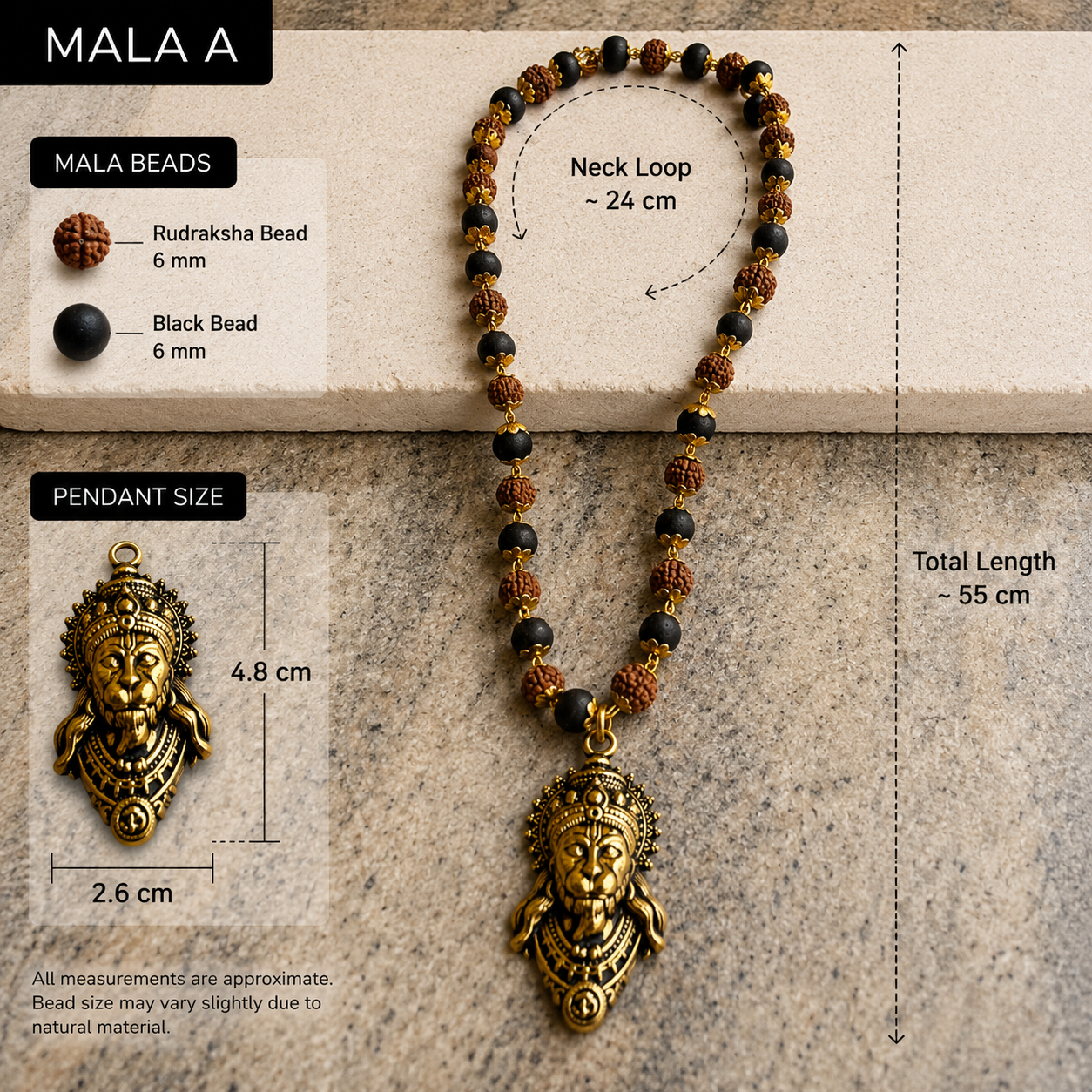 Rudraksha and Karungali Gold-Capped Mala Golden Hanuman Ji Face Pendant