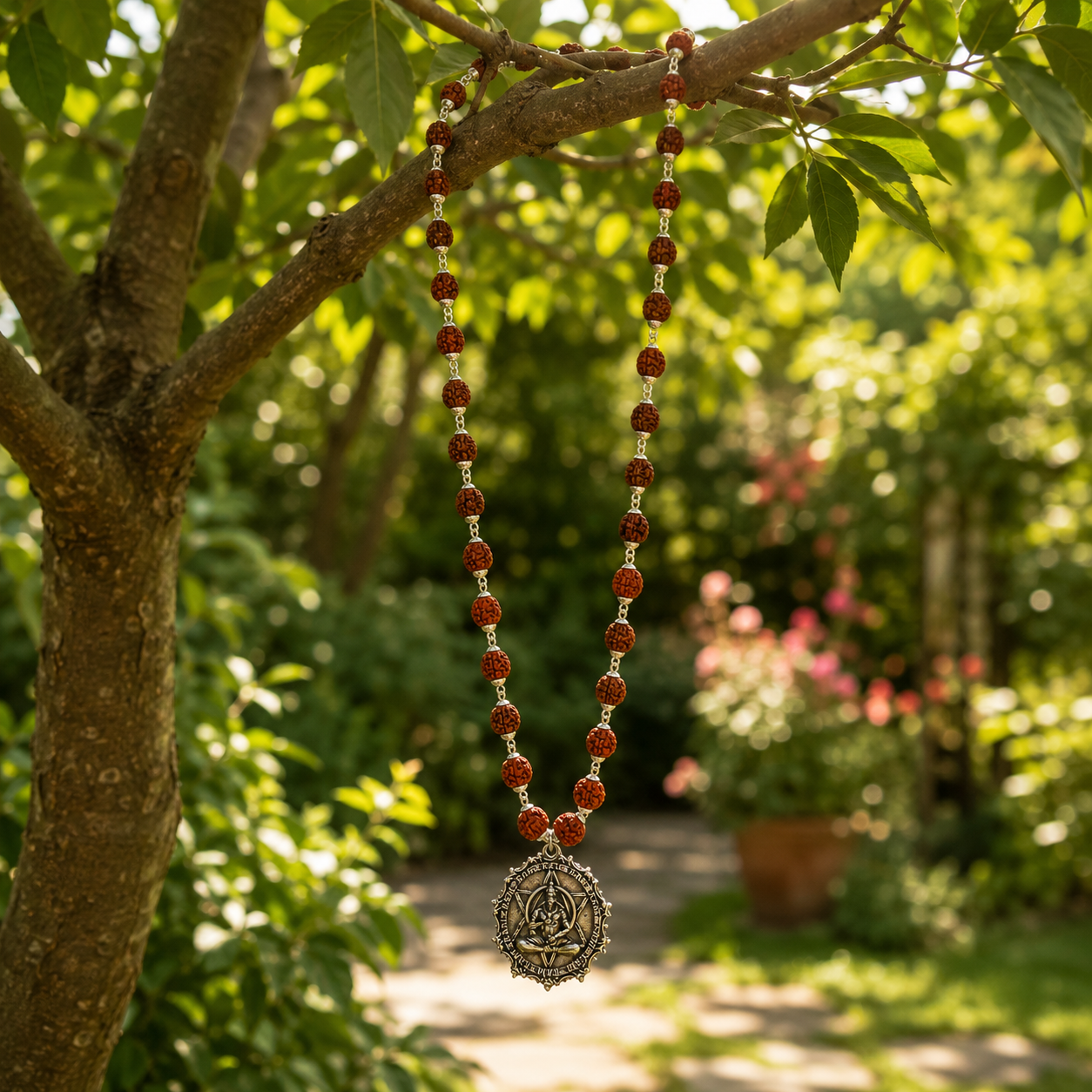 Rudraksha Silver-Capped Mala with Hanuman Dhyan Chakra Pendant